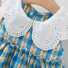 Carregar imagem no visualizador da galeria, Vestido Infantil Azul Xadrez com Gola Bordada