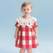 Carregar imagem no visualizador da galeria, Vestido Xadrez Vermelho com Gola Bordada de Cerejinhas 🍒✨