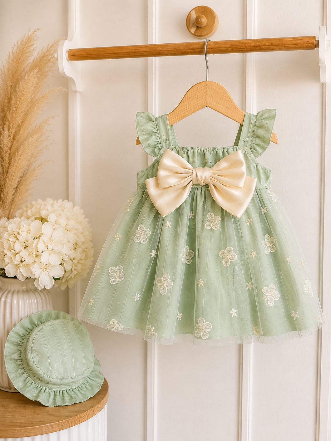 Vestido Bebê Verde com Laço e Tule Bordado com chapéu