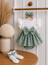 Carregar imagem no visualizador da galeria, Conjunto Bebê 3 Peças com Vestido Floral e Faixa de Cabelo
