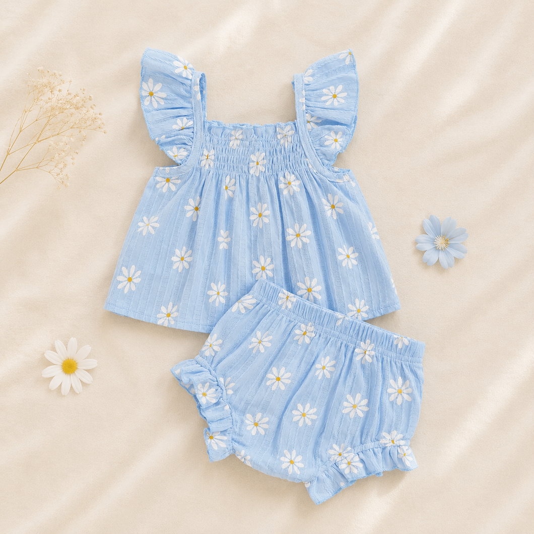 Conjunto Azul de Margaridas – Blusinha + Shortinho