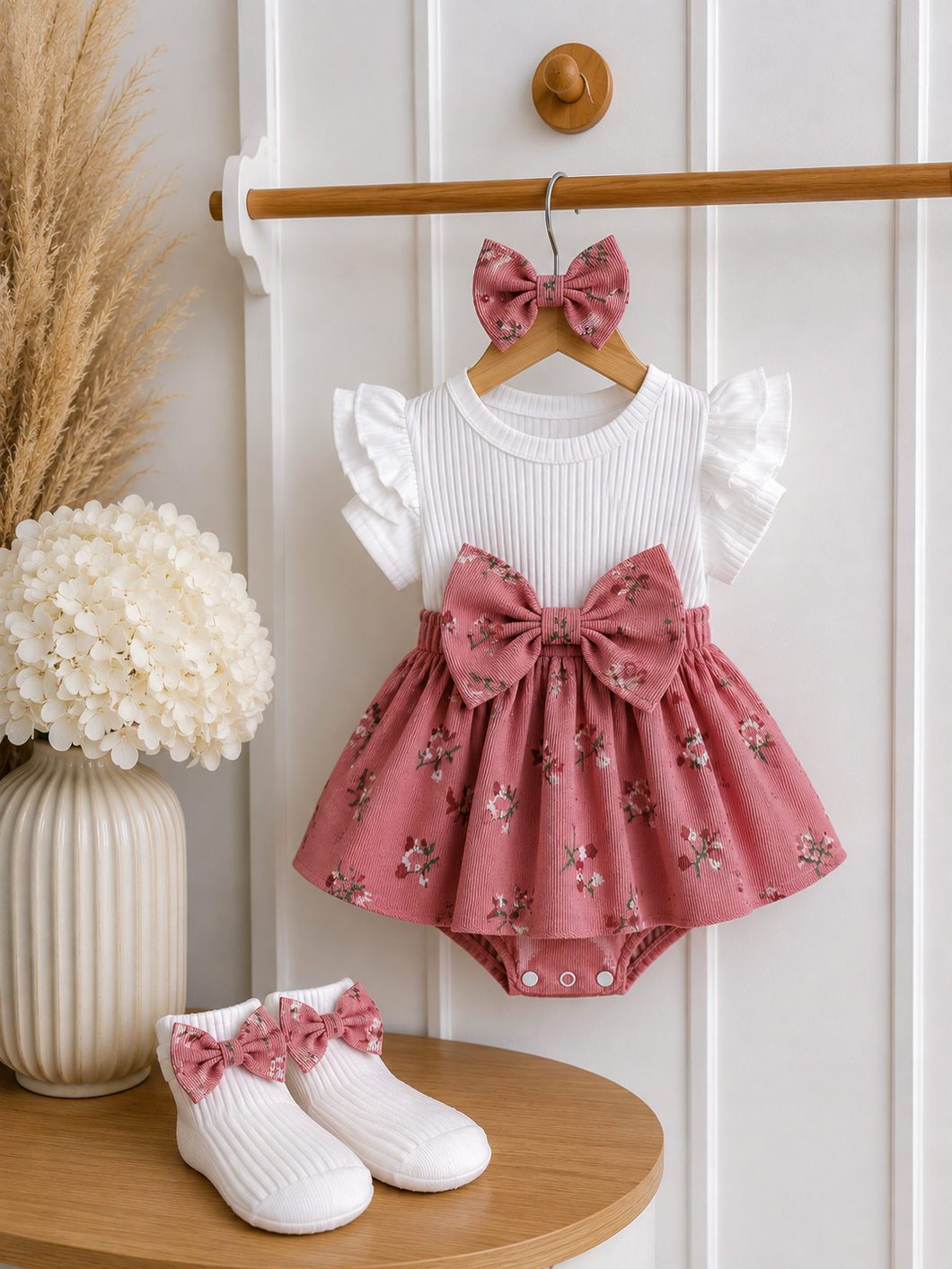 Conjunto Bebê 3 Peças com Vestido Floral e Faixa de Cabelo