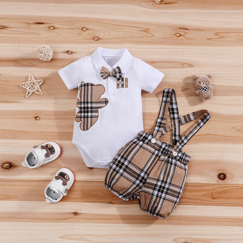 Conjunto Body Polo com Ursinho e Jardineira Xadrez