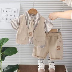 Conjuntinho Social Camisa Listrada com Colete e Shorts Bege