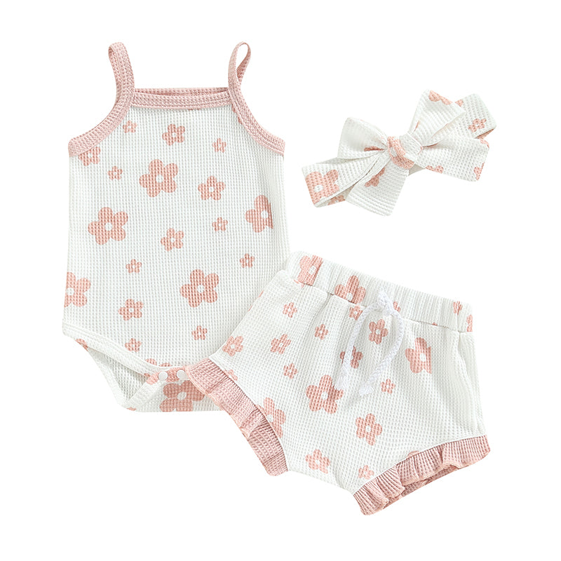 Conjunto Floral 3 Peças – Body + Shorts + Faixa
