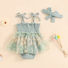 Romper Bebê com Saia de Tule Bordada + Faixa de Cabelo
