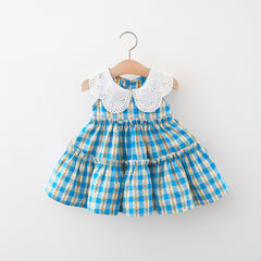 Vestido Infantil Azul Xadrez com Gola Bordada