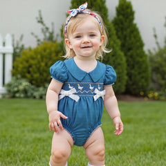 Romper Bebê Azul com Bordado de Patinhos e Laços