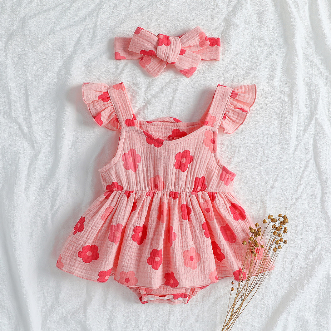 Romper Rosa Floral com Faixa de Cabelo 🌸