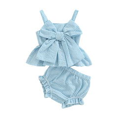 Conjunto Infantil Azul Listrado com Laço – 2 Peças 🎀